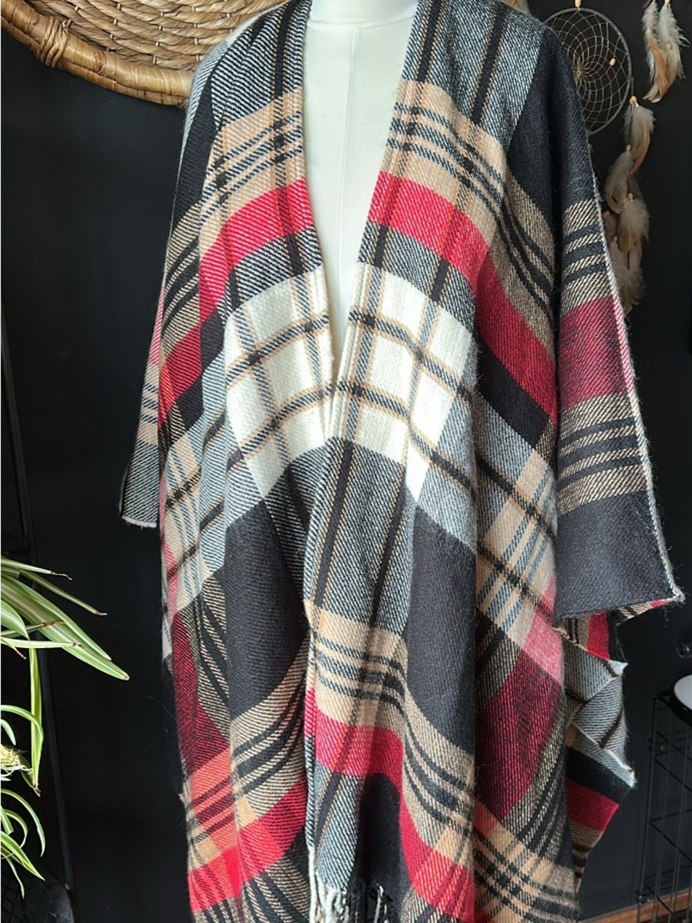 Plaid Fringe Cape Throw in Black, Red, Cream